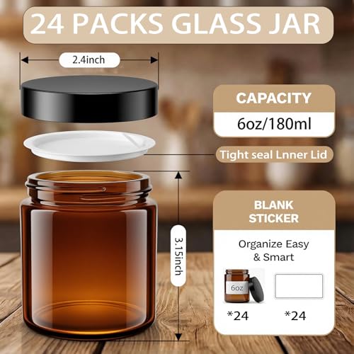 6oz Amber Glass Jars with Lids ? 24 PCS Leak-Proof Cosmetic & Lotion Jars with Inner Liners,Small Travel Jars for Body Scrubs, Creams, Lip Balms, and DIY Projects ?Airtight,Reusable£¨Amber£©