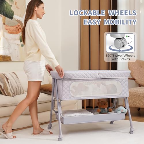 Adjustable Baby Bassinet Bedside Sleeper with Wheels & Mattress - Grey