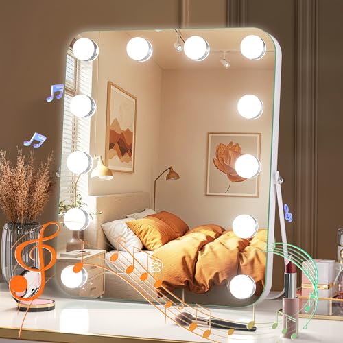 MINISO Vanity Mirror with Lights and Bluetooth Speaker- 11.4" x 13.8" Hollywood Makeup Mirror with 3 Color Lights, Smart Touch Control, Rounded Rectangle White Frame