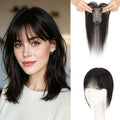 SLEEKALON Natural Black 10-Inch Human Hair Toppers with Bangs, 360° Cover, Clip-In Lightweight Hairpiece