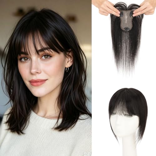 SLEEKALON Natural Black 10-Inch Human Hair Toppers with Bangs, 360° Cover, Clip-In Lightweight Hairpiece