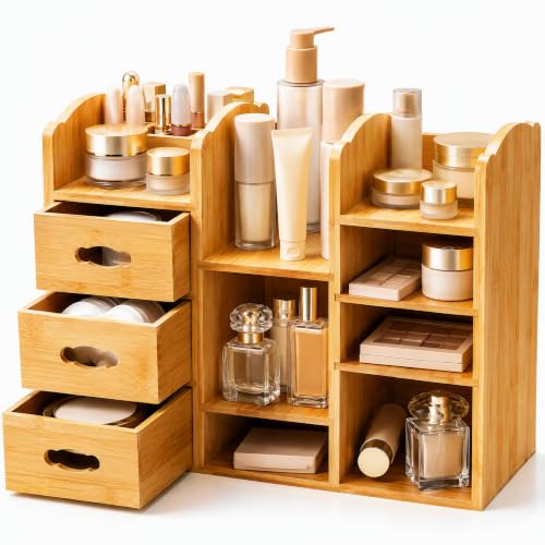Large Bamboo Makeup Organizer with Drawers and Compartments for Vanity Storage