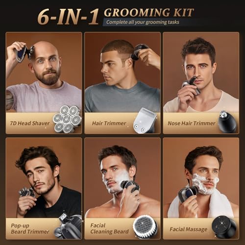 GASREKV Black Head Shaver for Bald Men 5-in-1 Electric Grooming Kit, 7D Floating Razor