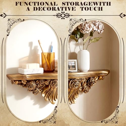 Pinkunn Vintage Floating Wall Shelf Antique Gold Classic French Fleur-de-lis, 17-Inch Ledge