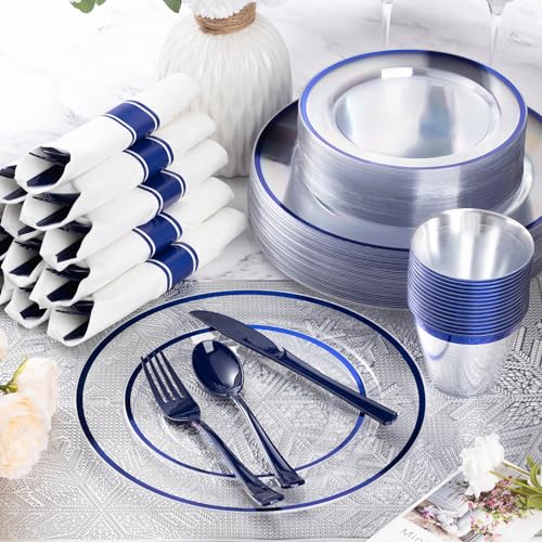 Dark Blue Disposable Plastic Plates Set for 100 Guests - 700 Pcs