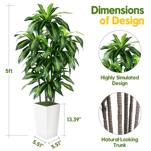 White 5FT Artificial Dracaena Tree Indoor with Planter - Realistic Faux Plant