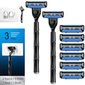 3-Blade Men Razor with Lubricating Strip & Pivoting Head - Safety Razor Blades Kit Includes 2 Handles, 8 Razor Blade Refills, Wall Hook & Cleaning Brush