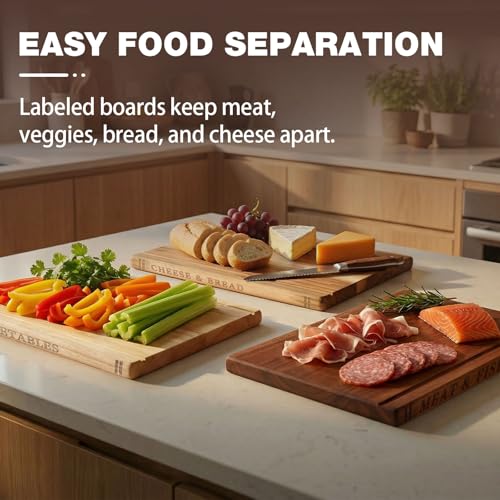 Book-Shaped Acacia Wood Cutting Board Set with Stand - Labeled for Meat, Fish, Cheese, Fruits & Vegetables - Decorative Kitchen Gift