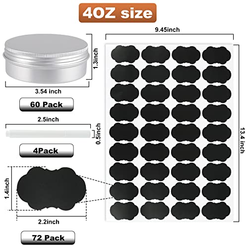 60 Pack Round Cans with Screw Lid 4 Oz Aluminum Metal Tins DIY Food Candle Containers for Lotion Bars, Balms, Salve, Spices, Beard Balm, Crafts with 4 Markers 2 Sheets Label Stickers