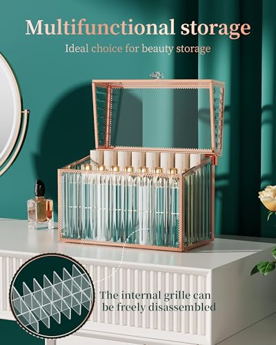 Gold Lipstick Organizer with 24 Slots - Tempered Glass Makeup Storage