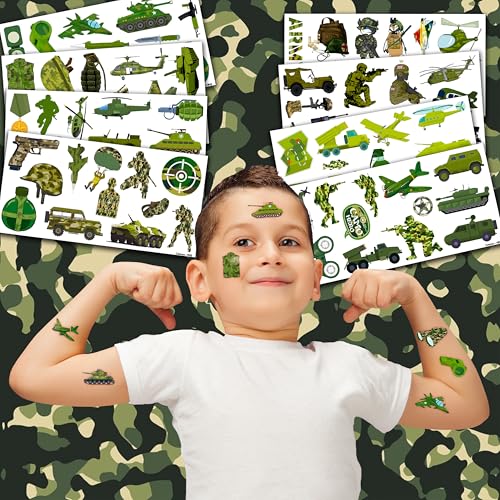 96 PCS Military Camouflage Temporary Tattoos Themed Army Birthday Party Decorations Supplies Favors Decor Camo Soldier Tank Helicopter Tattoo Stickers Gifts For Kids Adults Boys Girls Prizes Carnival