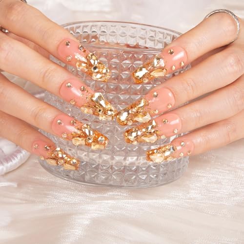 Press On Nails Stardust Gold Rhinestone - Reusable Full Cover Coffin Nails - Handmade 1.3 in - M Variation