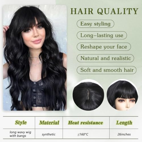 Black Long Wavy Wig with Bangs - 26 Inch Synthetic Curly Hair for Women - Angzon
