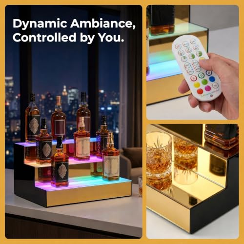 LED Liquor Bottle Display Shelf - 3-Tier Acrylic Bar Shelving with Color Changing Lights