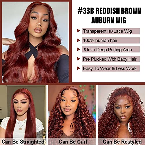 Reddish Brown Body Wave Lace Front Wig - 24 Inch Human Hair, 13x6 Deep Parting