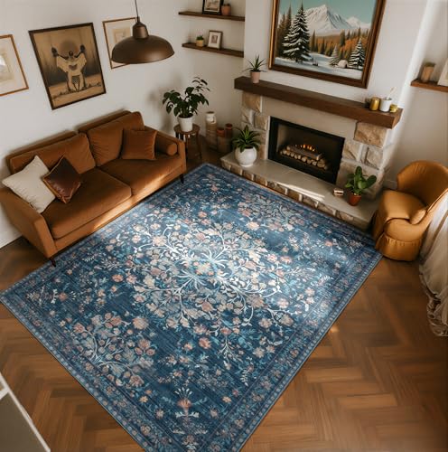 Navy Blue 8x10 Area Rug with Gold & Teal Floral Pattern - Soft Faux Wool, Non-Slip Backing, Stain-Resistant, Durable Edges, Large Bedroom & Living Room Carpet