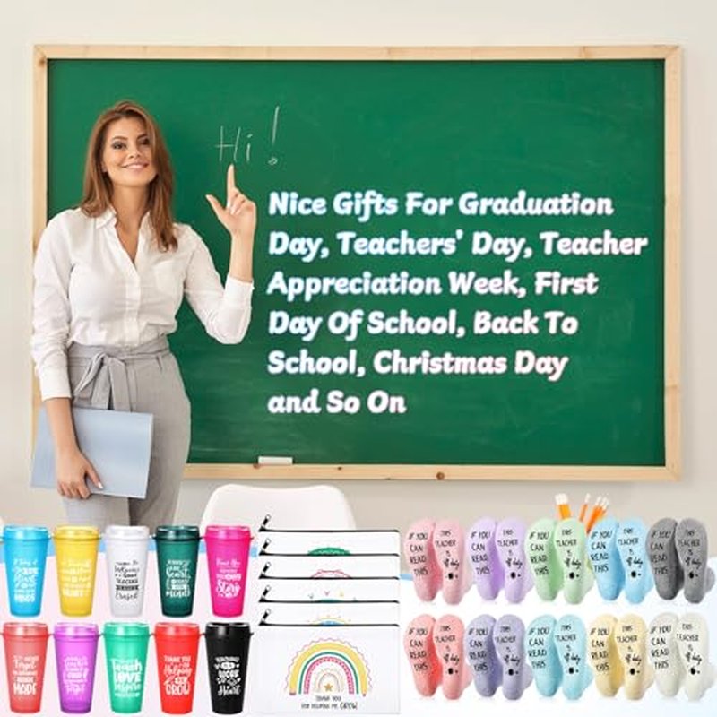 30 Pieces Teacher Gifts Bulk,Graduation Back to School Day Appreciation Week Gift 16oz Plastic Coffee Tumbler with Lids Teacher Makeup Bags Crew Socks for Women Coworker(Classic)