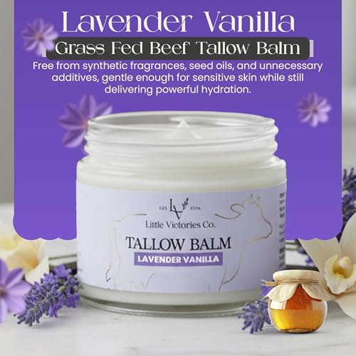 2.0 floz Grass Fed Beef Tallow and Honey balm - Lavender Vanilla Organic Beef Tallow for Skin is Ideal for Eczema, Stretch Marks, Psoriasis, Itching - Beef Tallow honey balm or Face & Body Moisturizer