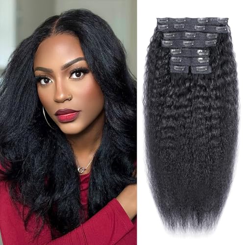Kerriana Kinky Straight Clip-In Hair Extensions 18 Inch Natural Black - Yaki Texture, 8pcs 110g