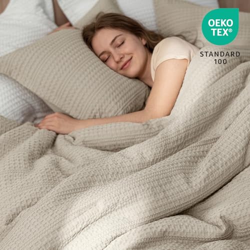 King Size Waffle Comforter Set with Pillow Shams - Natural Linen, Breathable & Lightweight Bedding for All Seasons