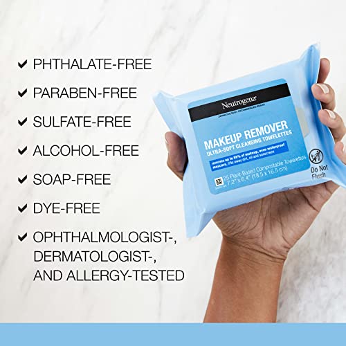 Neutrogena Makeup Remover Wipes, 25 ct, Pack of 2 | 100% Plant-Based Cloth | Gentle | Soap & Alcohol-Free | Removes Waterproof Mascara