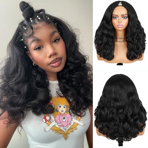Black 16 Inch Yaki Curly Synthetic Wig for Black Women No Leave Out Clip-In Half Wig