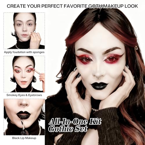 Goth Makeup Kit - Complete Halloween & Cosplay Gothic Face Paint Set with Fake Nails