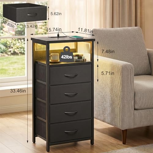 Fixwal Night Stand with Charging Station RGB LED Lights 4 Drawers - Black, 15.7"D x 11.8"W x 33.1"H
