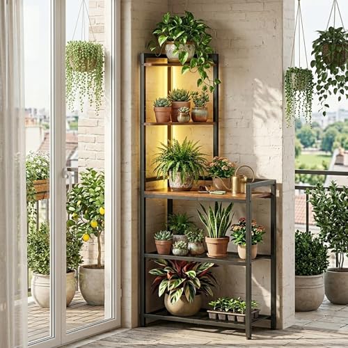 Corner Shelf with LED Light & Storage Stand - Rustic Brown + Black, 56.3" Tall