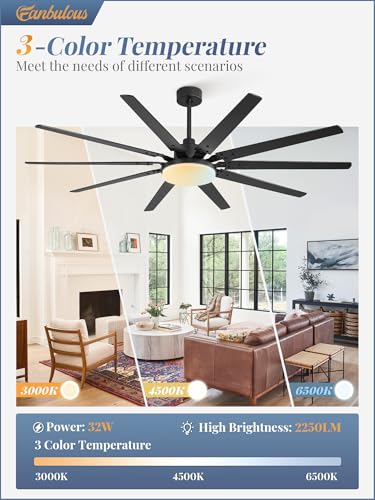 72 Inch Ceiling Fan with Lights and Remote Control - Black, Large Space, 32W LED