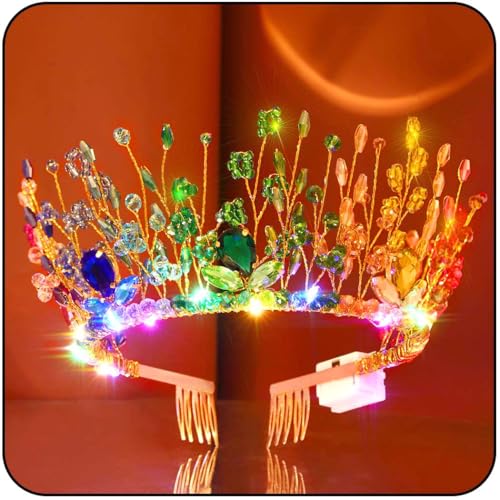 Woeoe Light Up Crystal Headband Colorful Beads Crown Carnival Headpiece with Combs Festival Prom for Women