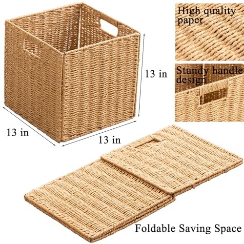Set of 4 Foldable Hand Woven Storage Baskets with Handles - 13x13x13 Inches, Natural