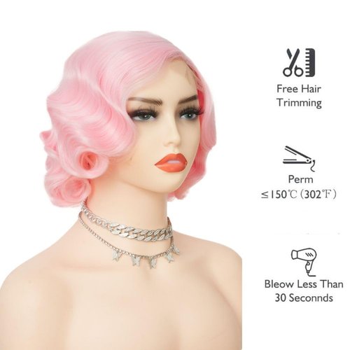 Salaibs Pink Finger Wave Wigs for Women 1920s Wig Synthetic Heat Resistant Wigs Lace Front Cosplay Halloween Wig