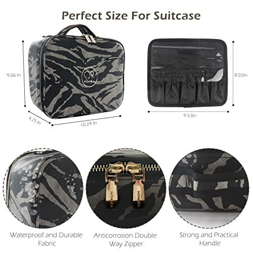 MOMIRA Zebra Beige Makeup Bag with Lighted Mirror, Adjustable Dividers Travel Case