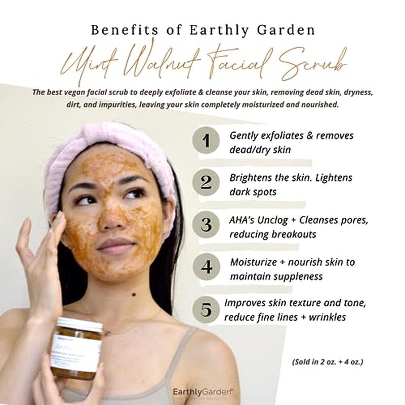 Earthly Garden Mint Walnut Exfoliating Face Scrub with AHA ? Natural Microdermabrasion & Deep Pore Cleanser for Blackheads, Acne Scars & Glowing Skin ? 2 oz
