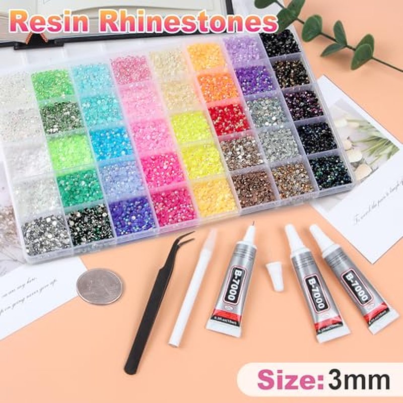 30000Pcs Resin Rhinestones for Bedazzling Kit, 2 Boxes Multicolor 3mm&4mm Bedazzled Crystal, Flatback Gems with 3Pcs 10ml B7000 Jewelry Glue for DIY Crafts Clothing Nail Art Makeup