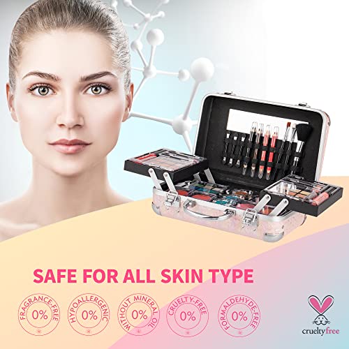 Hot Sugar All In One Makeup Set for Teenager Girls, Full Makeup Kit for Beginners Includes Eye Shadow Palette Blush Lip Gloss Lipstick Lip Pencil Eye Pencil Brush Mirror (Pink Heart)