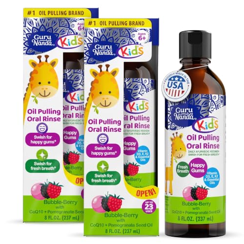 GuruNanda Kids Oil Pulling Mouthwash with Essential Oils & Vitamins, Alcohol-Free, Bubble Berry Flavor, 8 Oz Pack of 2
