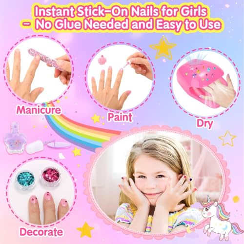 Rainbow Unicorn Non-Toxic Nail Polish & Press-On Nails Set with Dryer - Kids Gift