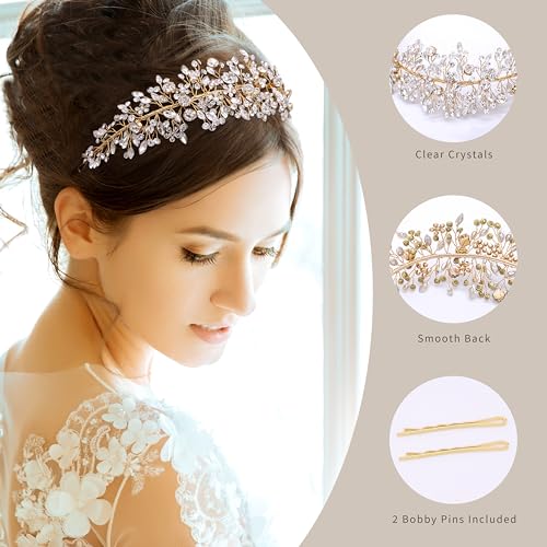 Gold Crystal Wedding Headband Rhinestone Bridal Hair Accessories Handmade Leaf Design