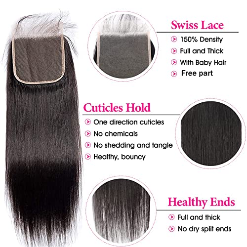 12 Inch 5x5 HD Lace Closure Human Hair Straight Virgin Remy Pre Plucked with Baby Hair