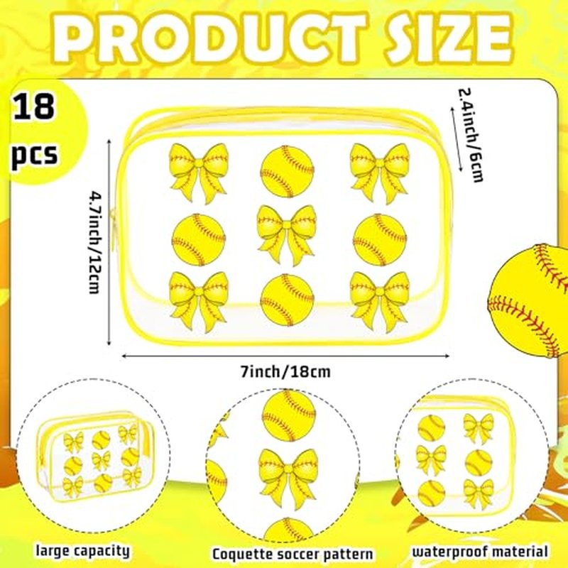 18 Pcs Softball Clear Makeup Bags 7 x 4.7 x 2.4 Inch Goodie Gift Bags Waterproof PVC Cosmetic Pouch with Zipper Portable Travel Pouch Organizer for Team Gift & Sport Party Favor