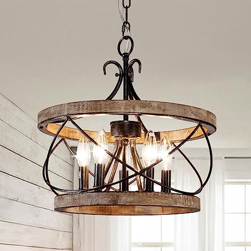 Dawn Whisper Gray Farmhouse Chandelier 15.7" Rustic Wood Drum Light Fixture for Dining Room