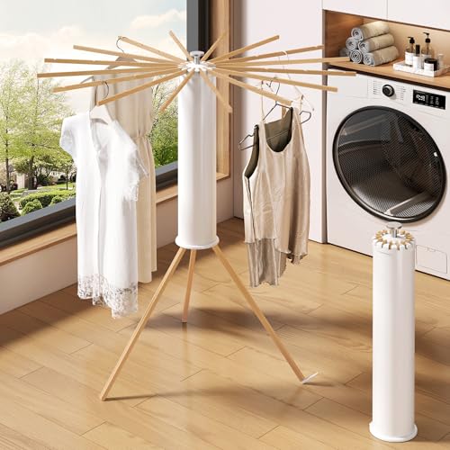 Foldable Tripod Clothes Drying Rack with 16 Beechwood Arms - Wooden Poles