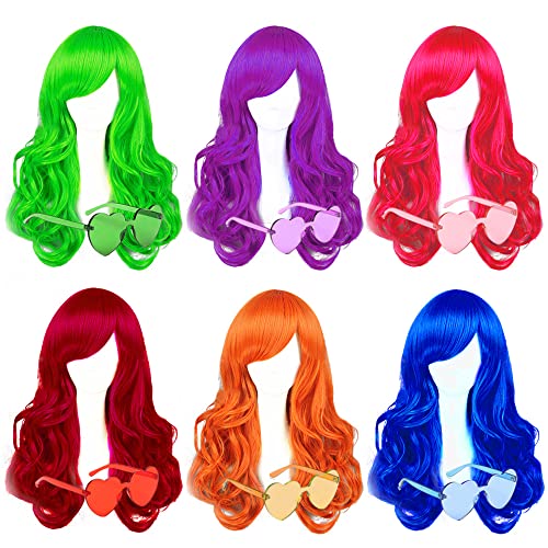 Neon & Curly Color Wigs 6 Pack with Glasses - Blue, Green, Orange, Purple, Pink, Wine Red
