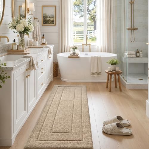 DEXI Beige Bathroom Runner Rug 72x24 Non-Slip Microfiber Bath Mat