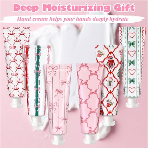 24 Pcs Pink Bow Christmas Hand Cream Gifts Bulk for Women - Moisturizing Hand Care Set with 6 Designs, 30ml Travel Size