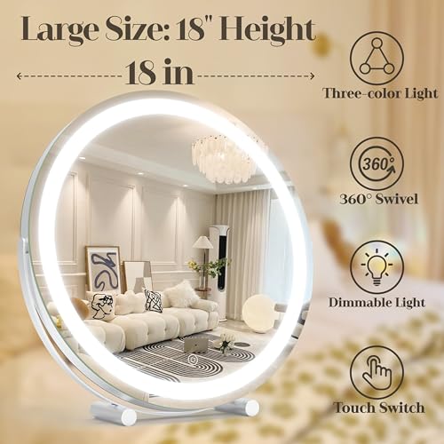 ROLOVE Makeup Mirror with Lights, 18 Inch Vanity Mirror with Lights, Lighted Makeup Mirror, Smart Touch Control Round Lighted Vanity Mirror, Tabletop £¦ Desk Mirror, Gifts for Women, Wife, Mom, Girls
