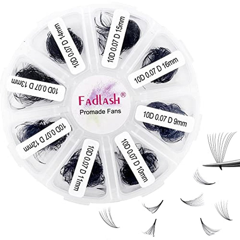 FADLASH 1000 Fans 10D Premade Volume Eyelash Extensions Mixed Tray Premade Fans Eyelash Extensions D Curl Premade Lash Fans Pointed Handmade Promade Loose Fans Thin Base (10D-0.07D,9-16mm)