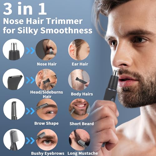 ULAIDO 3-in-1 Nose Ear Eyebrow Body Hair Trimmer for Men, Painless Rechargeable Grooming Kit